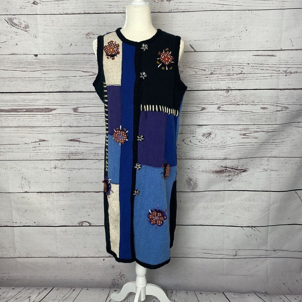 Indigo Moon Sweater Womens Small Colorful Art Abstract Patchwork Mid Length‎